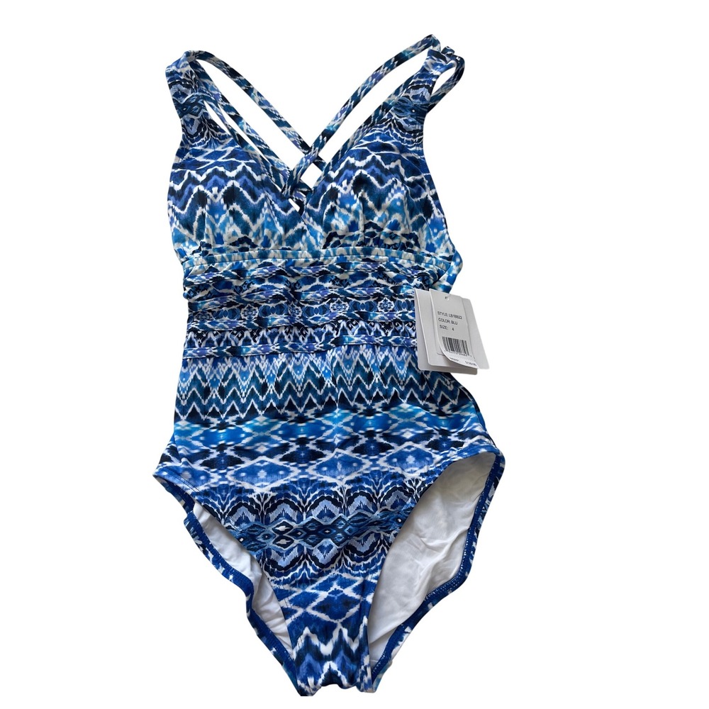 La Blanca Blue Oasis Criss Cross One Piece Tummy Control Swimsuit Women's Size 4 - Picture 3 of 7